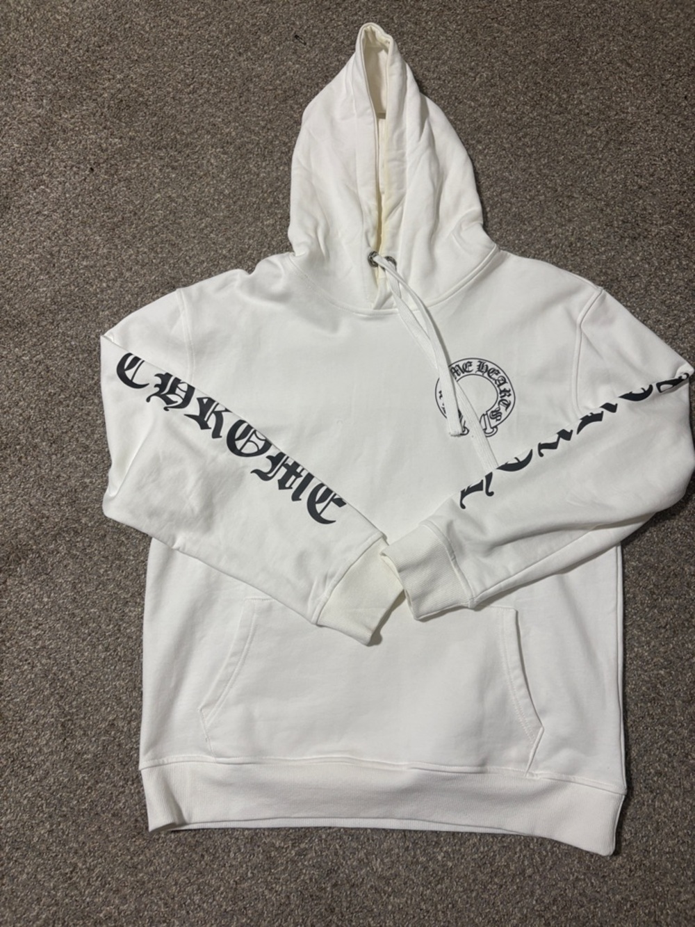 Chrome Hearts White Hoodie with Black Gothic Sleeve Logos